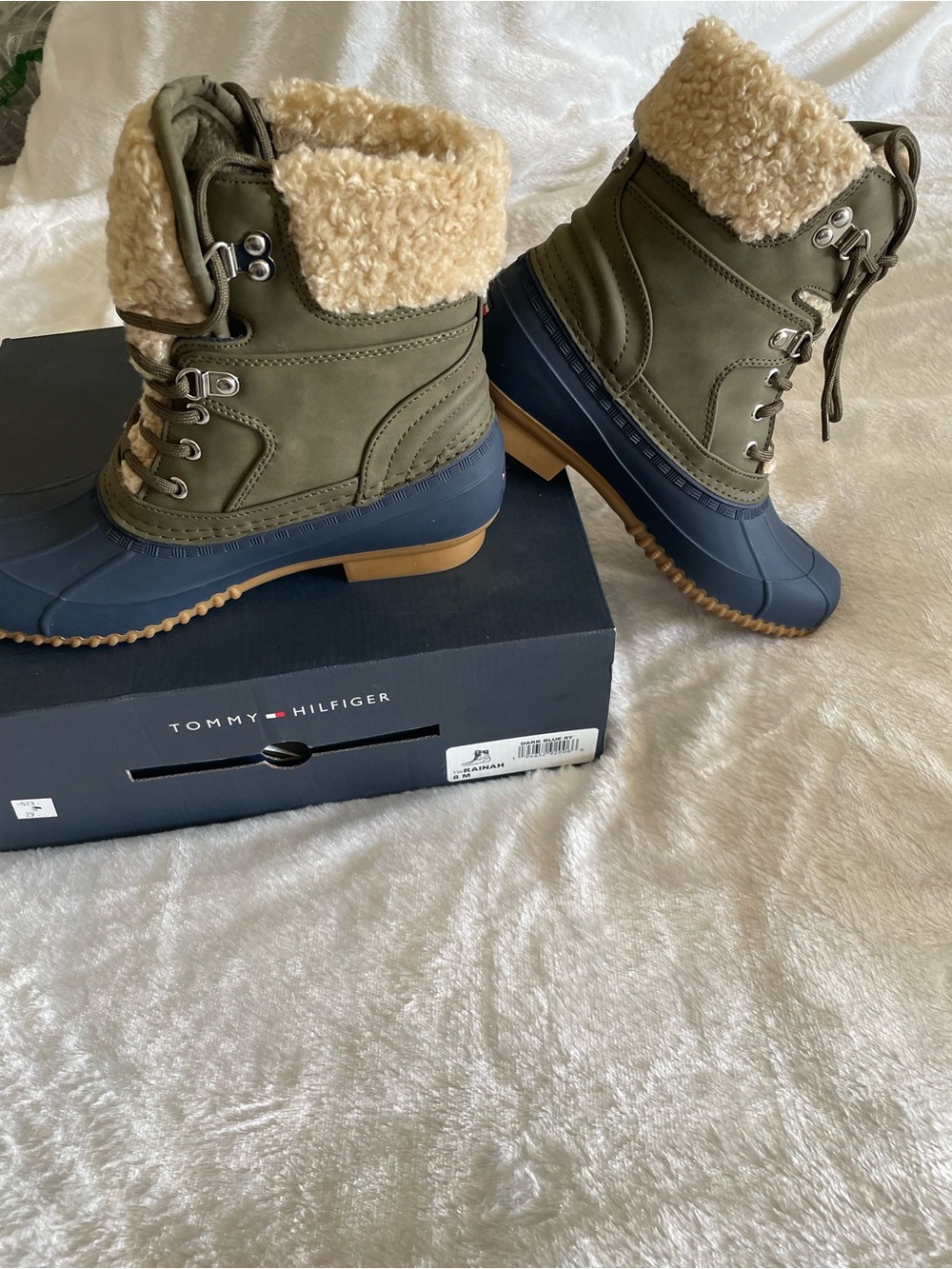 Tommy Hilfiger Olive & Navy Shearling-Trim Waterproof Duck Boots